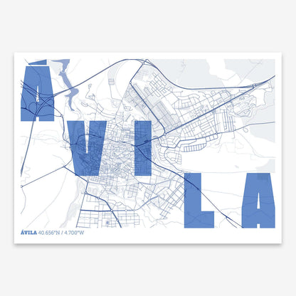 The map of Avila with letters of its name placed randomly, designed in navy blue and white