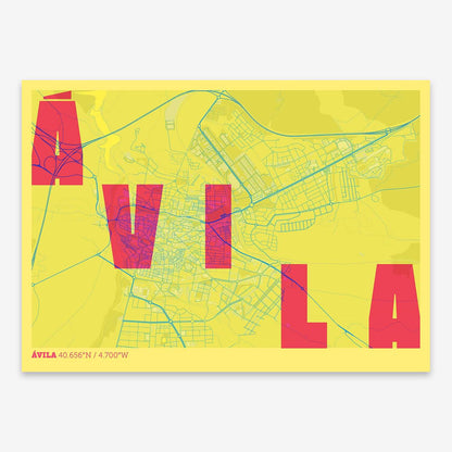 The map of Avila with letters of its name placed randomly, designed in yellow and fuchsia