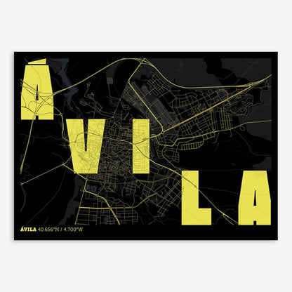 The map of Avila with letters of its name placed randomly, designed in black and yellow