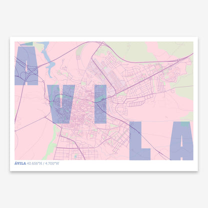 The map of Avila with letters of its name placed randomly, designed in pink and light blue