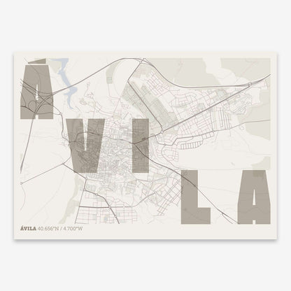 The map of Avila with letters of its name placed randomly, designed in light brown and an off-white background