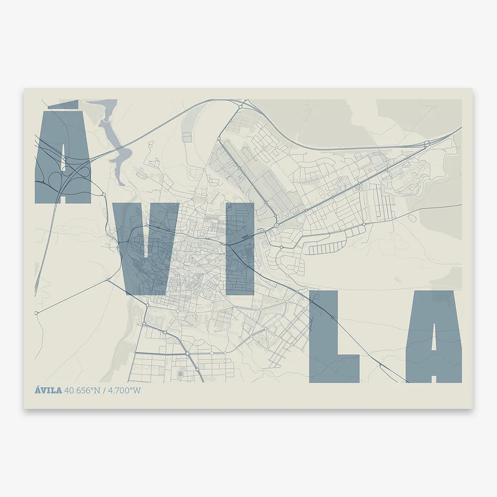 Decorative print of  with letters of its name placed randomly, designed in bluish gray and an off-white background