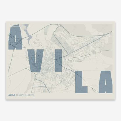 The map of Avila with letters of its name placed randomly, designed in bluish gray and an off-white background