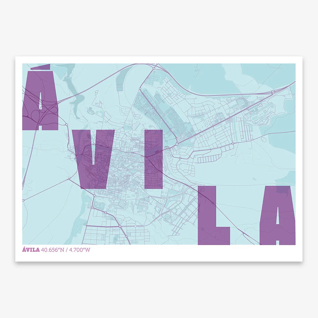 Decorative print of  with letters of its name placed randomly, designed in purple and light blue