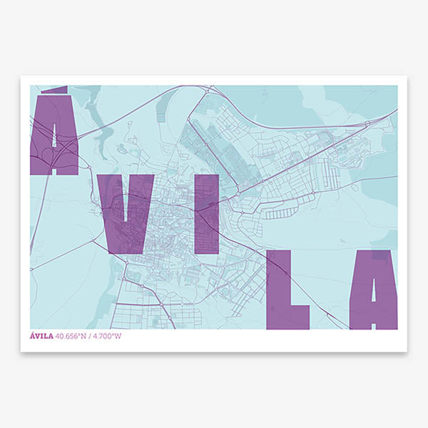 Decorative print of  with letters of its name placed randomly, designed in purple and light blue
