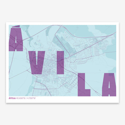 The map of Avila with letters of its name placed randomly, designed in purple and light blue