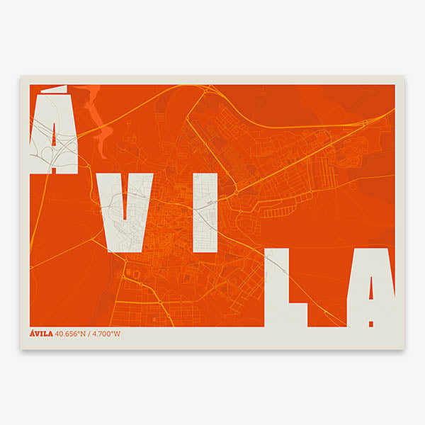 Decorative print of  with letters of its name placed randomly, designed in orange and an off-white background