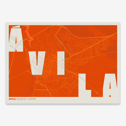 The map of Avila with letters of its name placed randomly, designed in orange and an off-white background