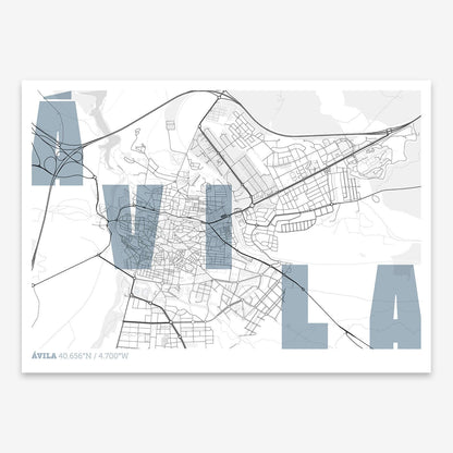 The map of Avila with letters of its name placed randomly, designed in black and white