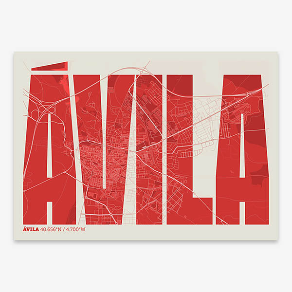 Decorative map of  and letters of its name in a giclée print designed in red and an off-white background