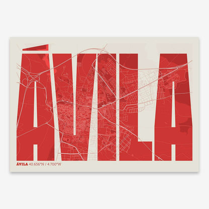 The map of Avila and letters of its name in a giclée print designed in red and an off-white background
