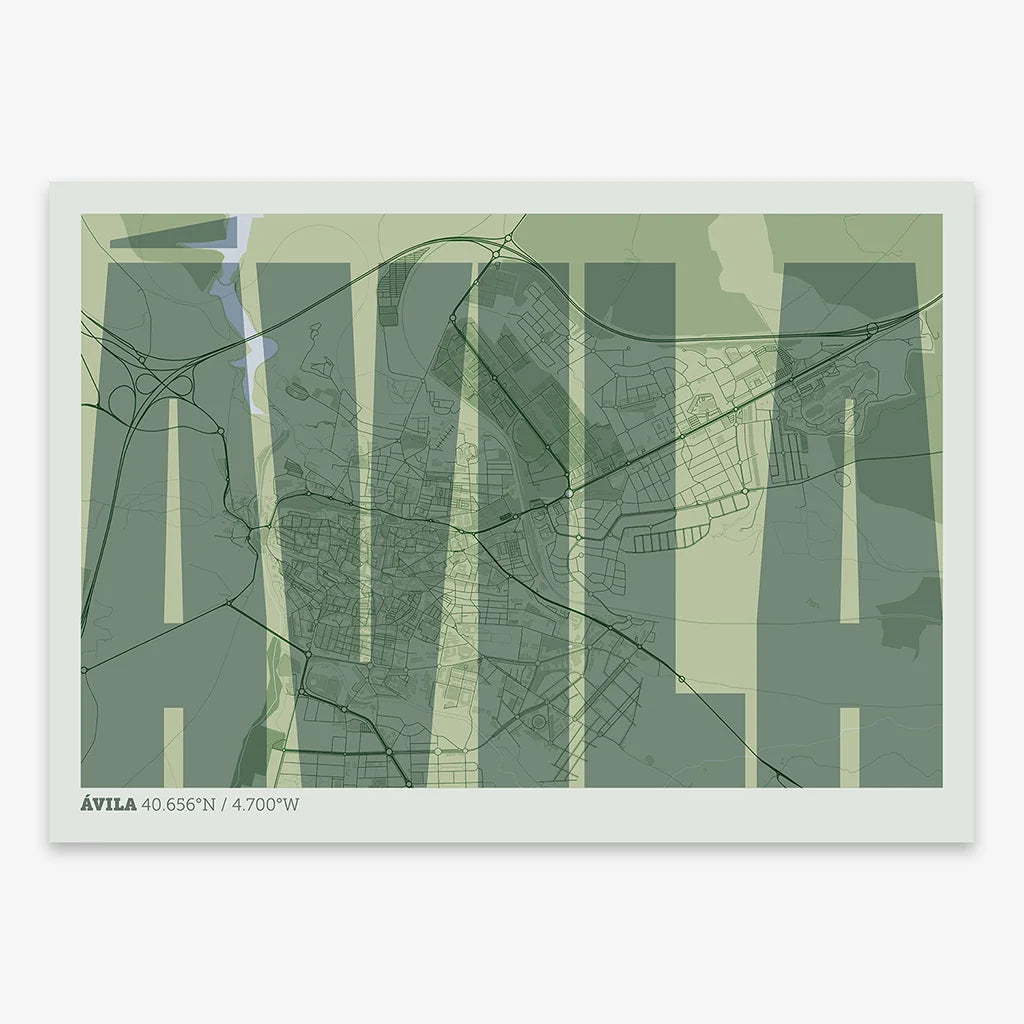 Decorative map of  and letters of its name in a giclée print designed in two green tones