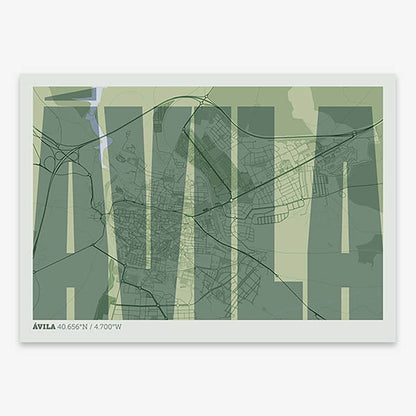 Decorative map of  and letters of its name in a giclée print designed in two green tones