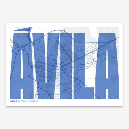 The map of Avila and letters of its name in a giclée print designed in navy blue and white