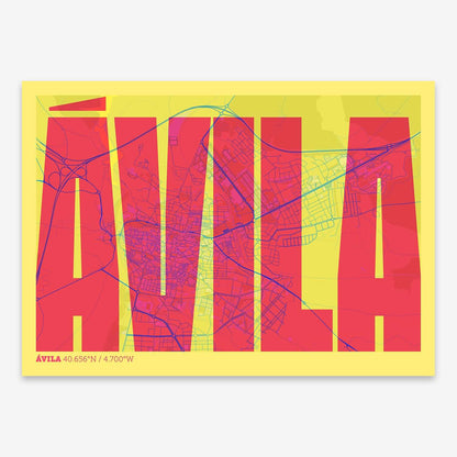The map of Avila and letters of its name in a giclée print designed in yellow and fuchsia