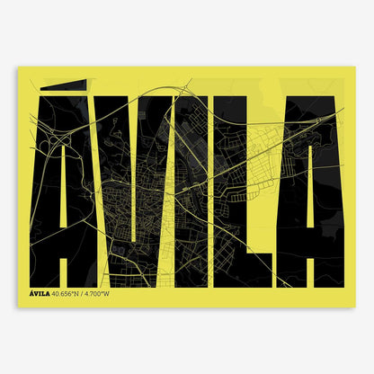 The map of Avila and letters of its name in a giclée print designed in black and yellow