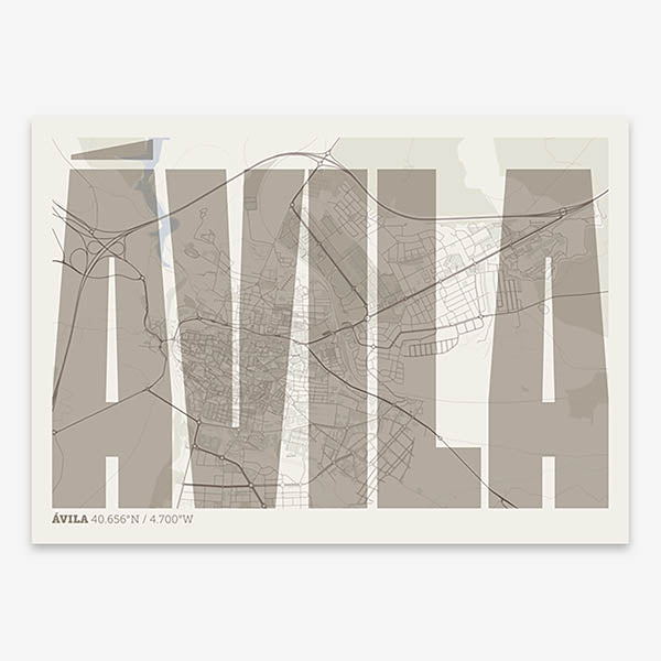 Decorative map of  and letters of its name in a giclée print designed in light brown and an off-white background