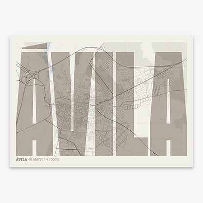 Decorative map of  and letters of its name in a giclée print designed in light brown and an off-white background