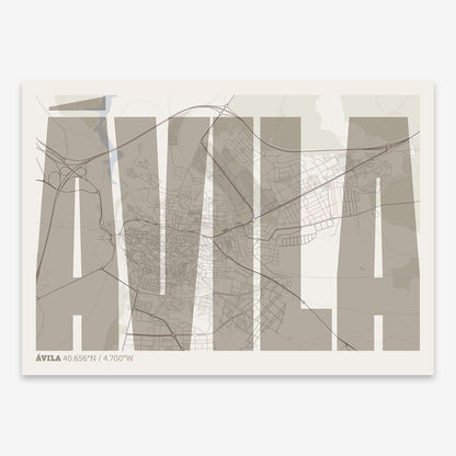 The map of Avila and letters of its name in a giclée print designed in light brown and an off-white background