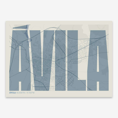 The map of Avila and letters of its name in a giclée print designed in bluish gray and an off-white background