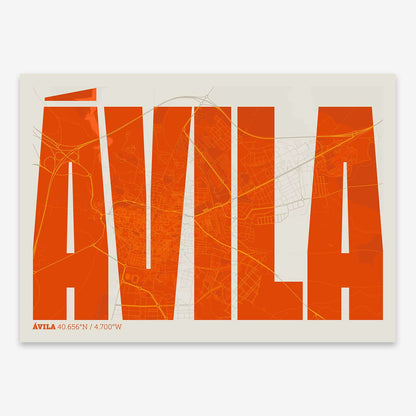 The map of Avila and letters of its name in a giclée print designed in orange and an off-white background