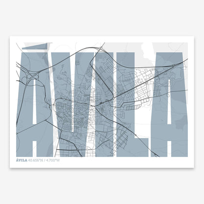 The map of Avila and letters of its name in a giclée print designed in black and white