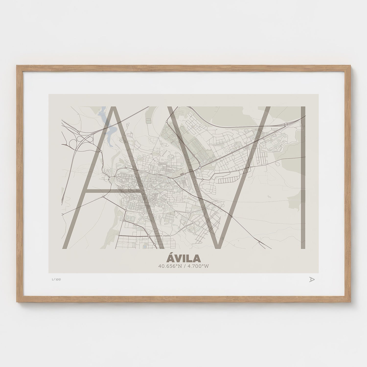 Lámina tipográfica de Avila – diseño Ultrafina, marco de madera natural