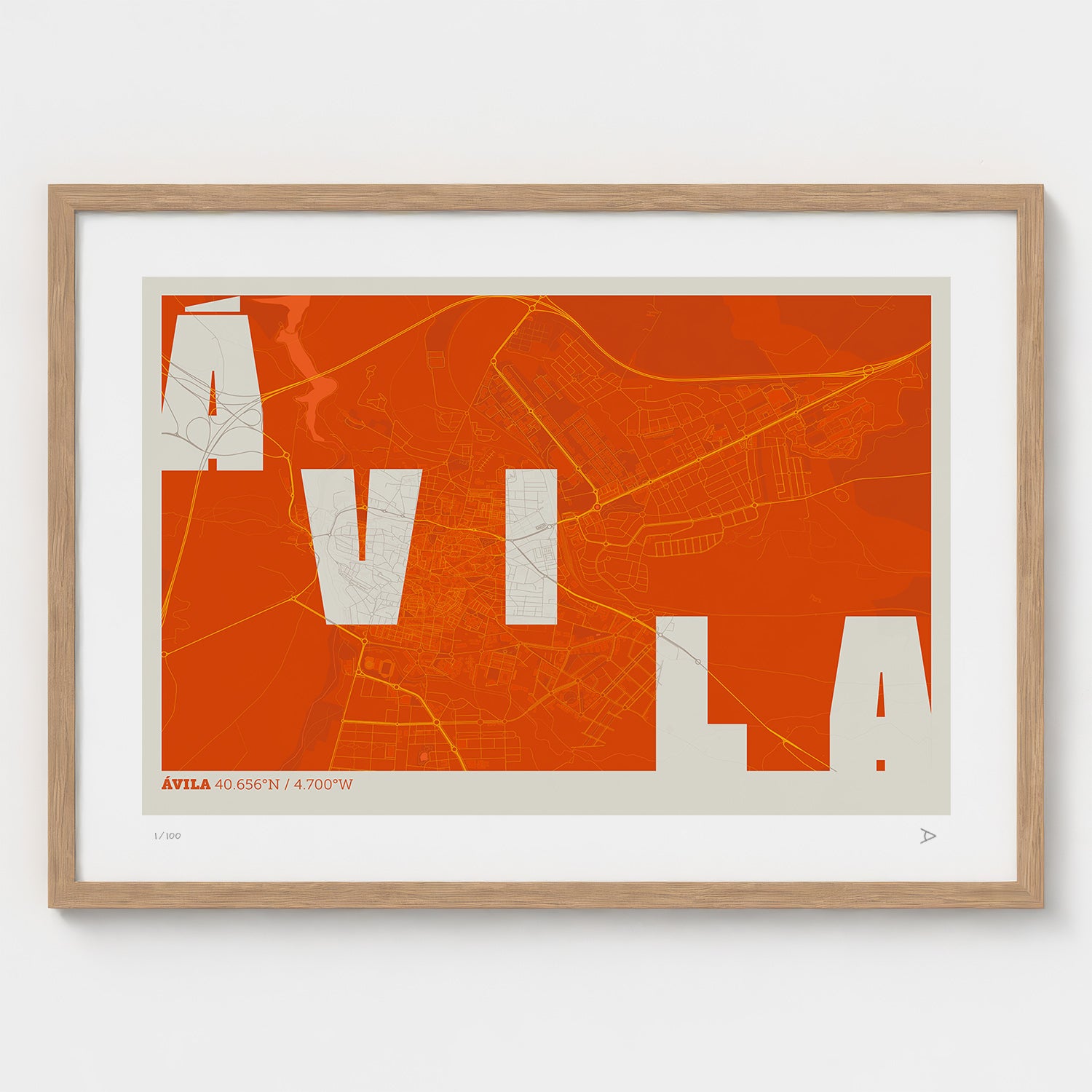 Lámina tipográfica de Avila – diseño Revoltosa, marco de madera natural
