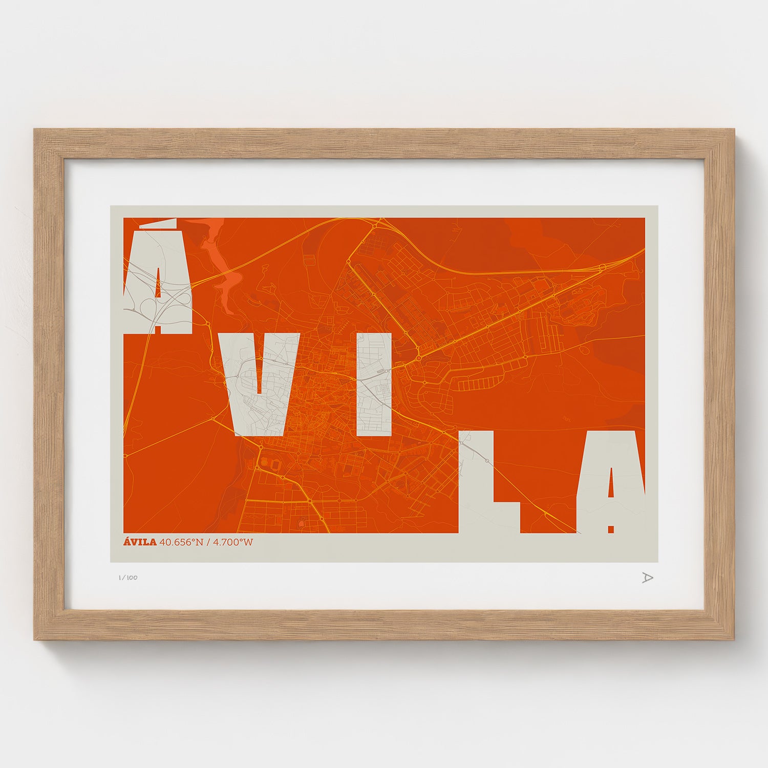 Lámina tipográfica de Avila – diseño Revoltosa, marco de madera natural