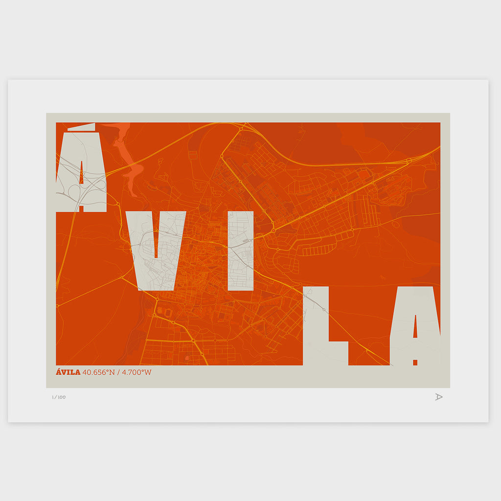 Lámina tipográfica de Avila – diseño Revoltosa, sin marco sobre papel