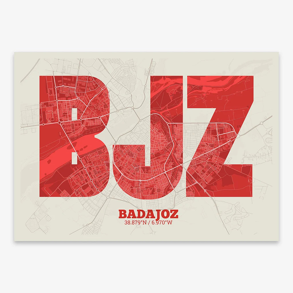Decorative print of  composed with letters in a heavy geometric font printed on red and an off-white background