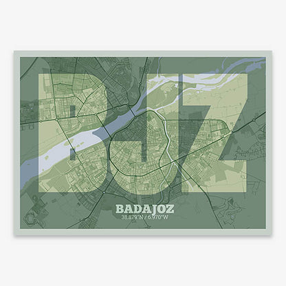 Decorative print of  composed with letters in a heavy geometric font printed on two green tones