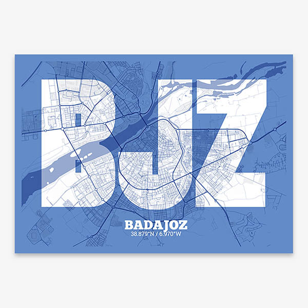 Decorative print of  composed with letters in a heavy geometric font printed on navy blue and white