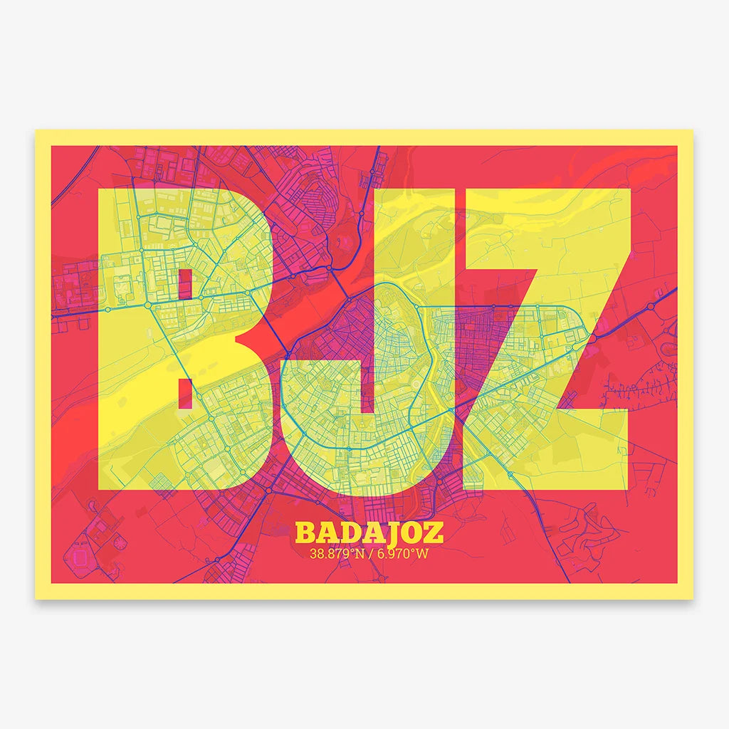 Decorative print of  composed with letters in a heavy geometric font printed on yellow and fuchsia