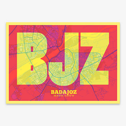 Decorative print of  composed with letters in a heavy geometric font printed on yellow and fuchsia