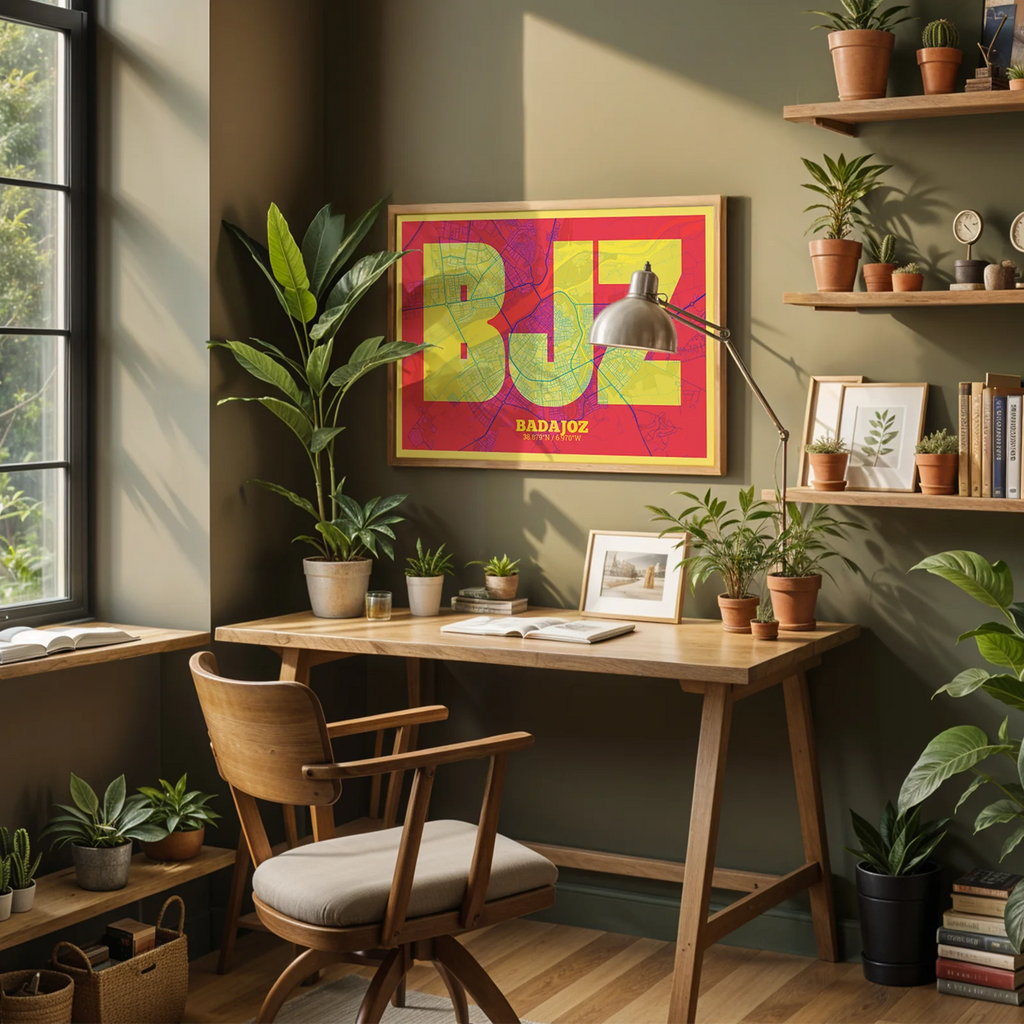 Diseño de interiores moderno con la lámina de Badajoz en mi diseño la Súper Bold, un póster tipográfico donde el mapa de la ciudad se fusiona con una tipografía extra gruesa para un impacto visual moderno diseñado en amarillo y fucsia, expuesto en la pared de un salón