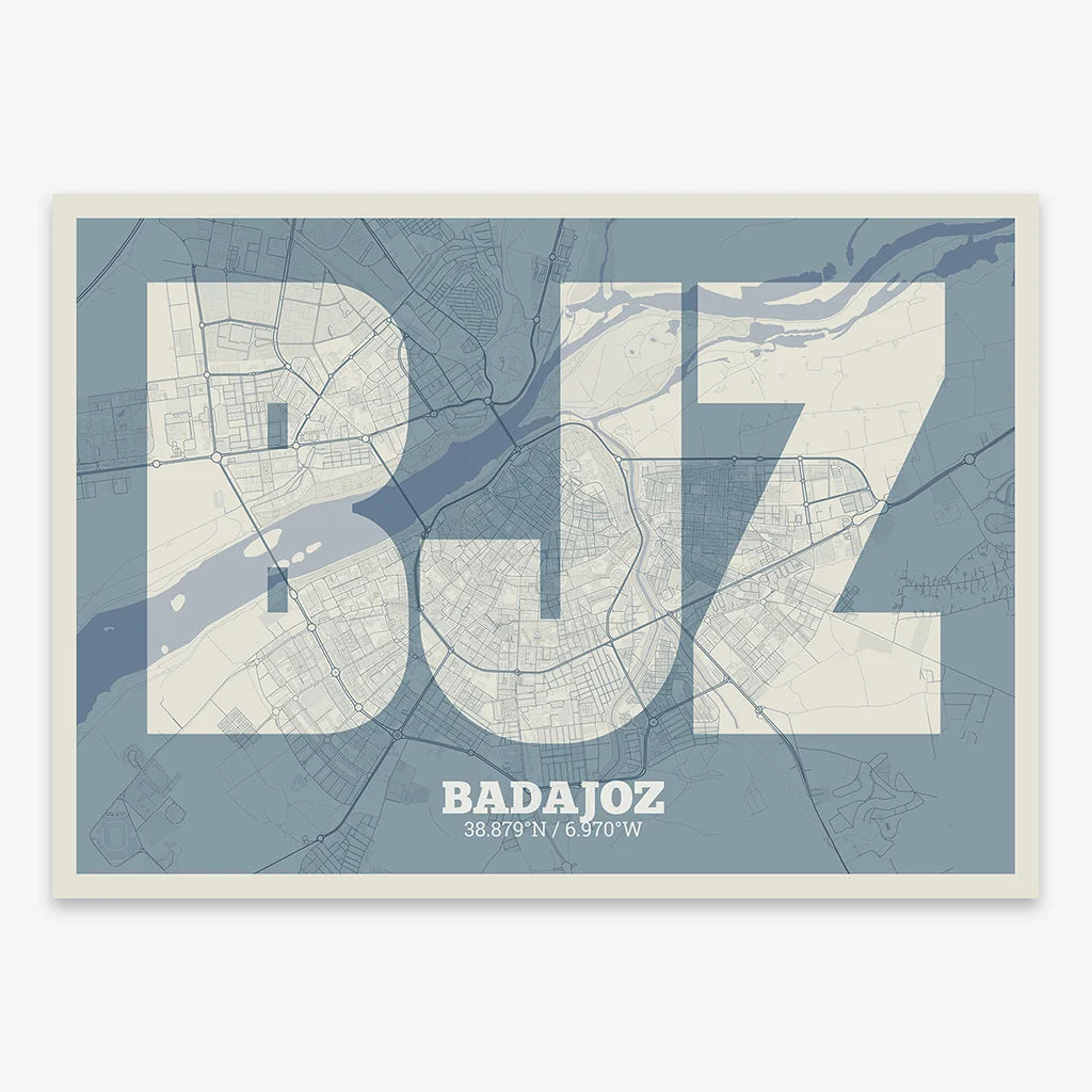 Decorative print of  composed with letters in a heavy geometric font printed on bluish gray and an off-white background