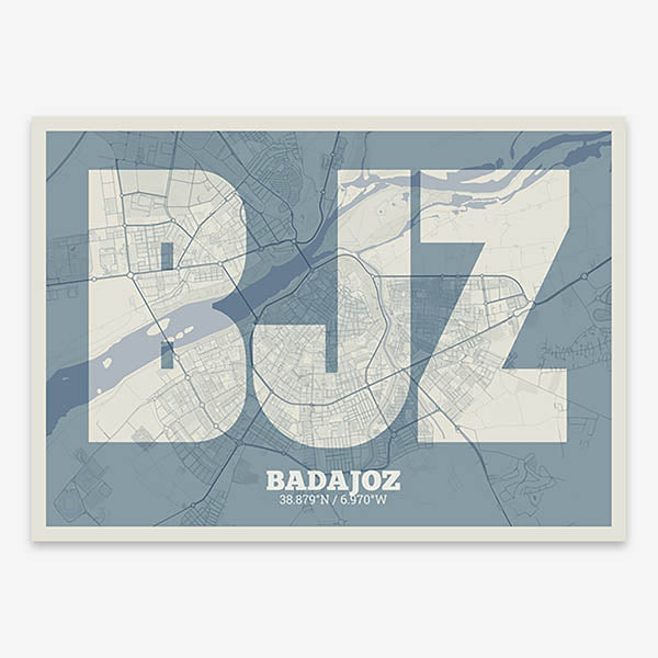 Decorative print of  composed with letters in a heavy geometric font printed on bluish gray and an off-white background