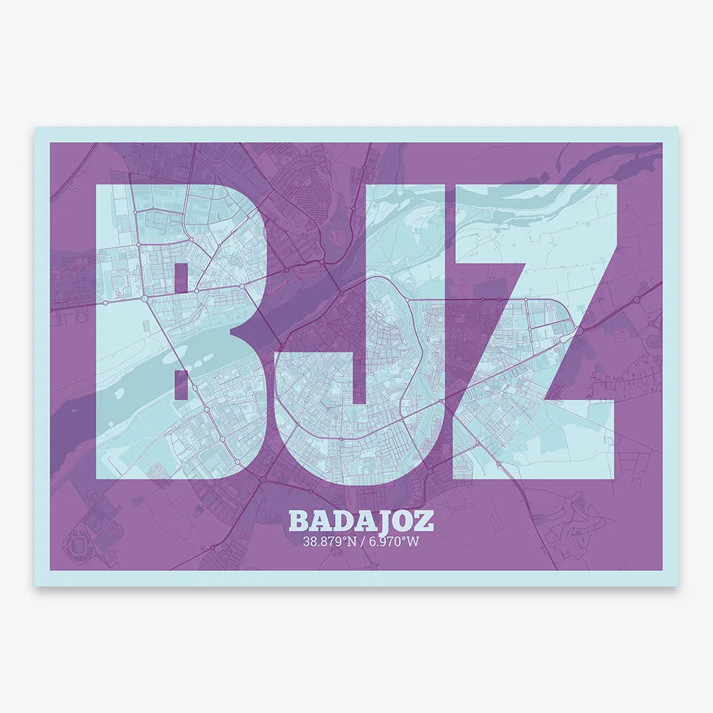 Decorative print of  composed with letters in a heavy geometric font printed on purple and light blue