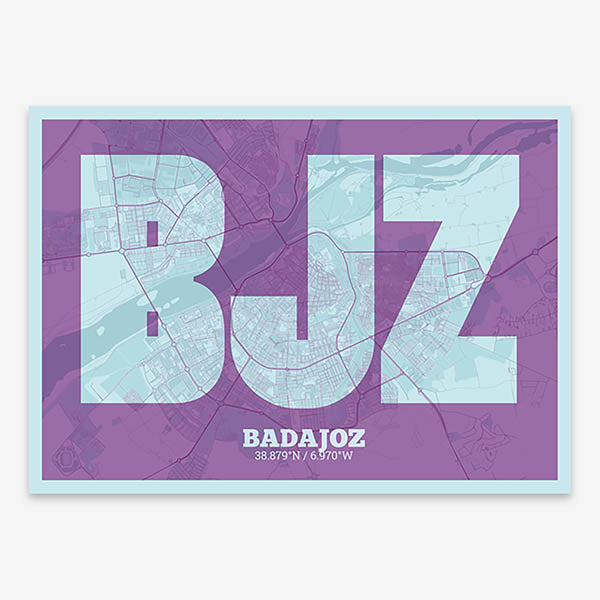 Decorative print of  composed with letters in a heavy geometric font printed on purple and light blue