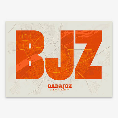 Decorative print of  composed with letters in a heavy geometric font printed on orange and an off-white background