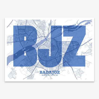 The map of Badajoz composed with letters in a heavy geometric font printed on navy blue and white