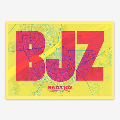 The map of Badajoz composed with letters in a heavy geometric font printed on yellow and fuchsia