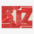 Poster of  composed with letters from its abbreviation or its airport IATA code printed on red and an off-white background