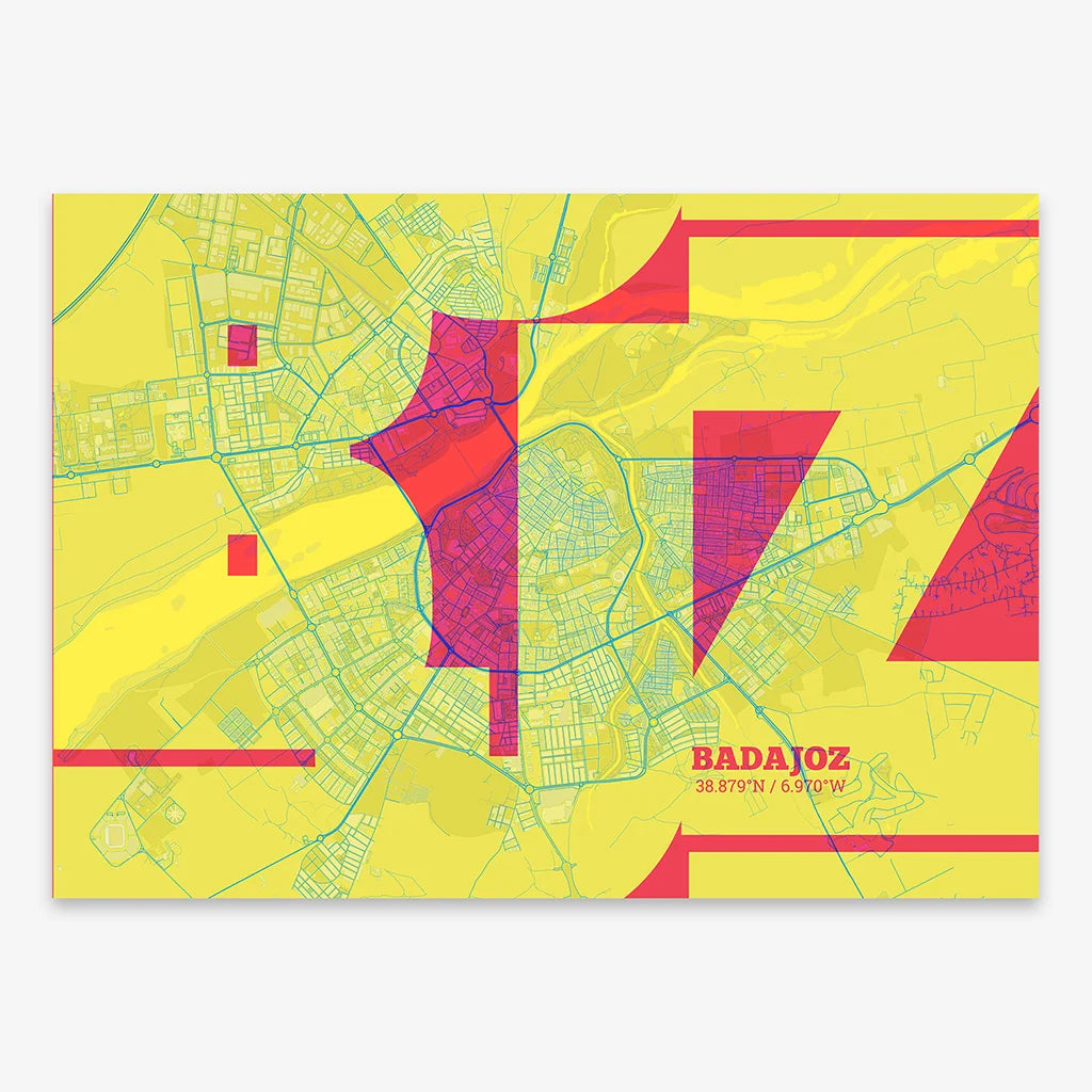 Poster of  composed with letters from its abbreviation or its airport IATA code printed on yellow and fuchsia