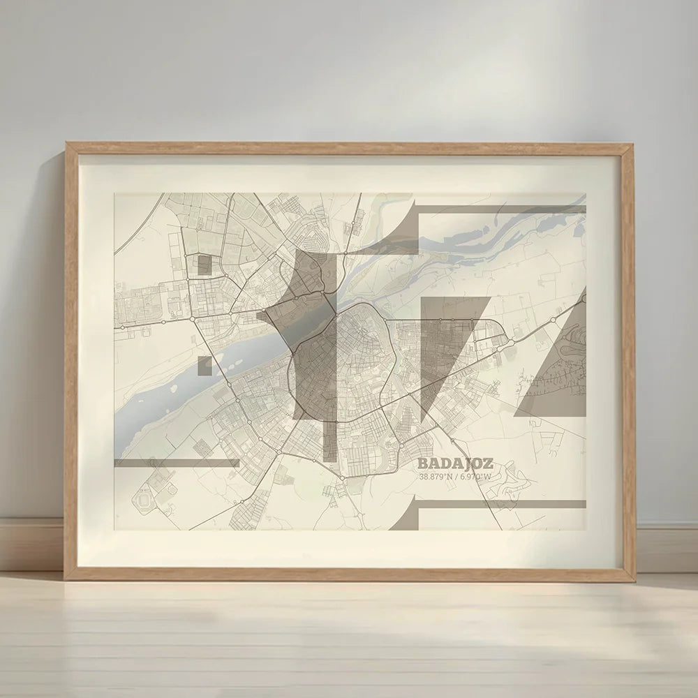 Framed Badajoz in Inseparable design, featuring the city's abbreviation in expressive typography over a detailed urban map designed in light brown and an off-white background with a white margin border in a warm lit minimalist setting