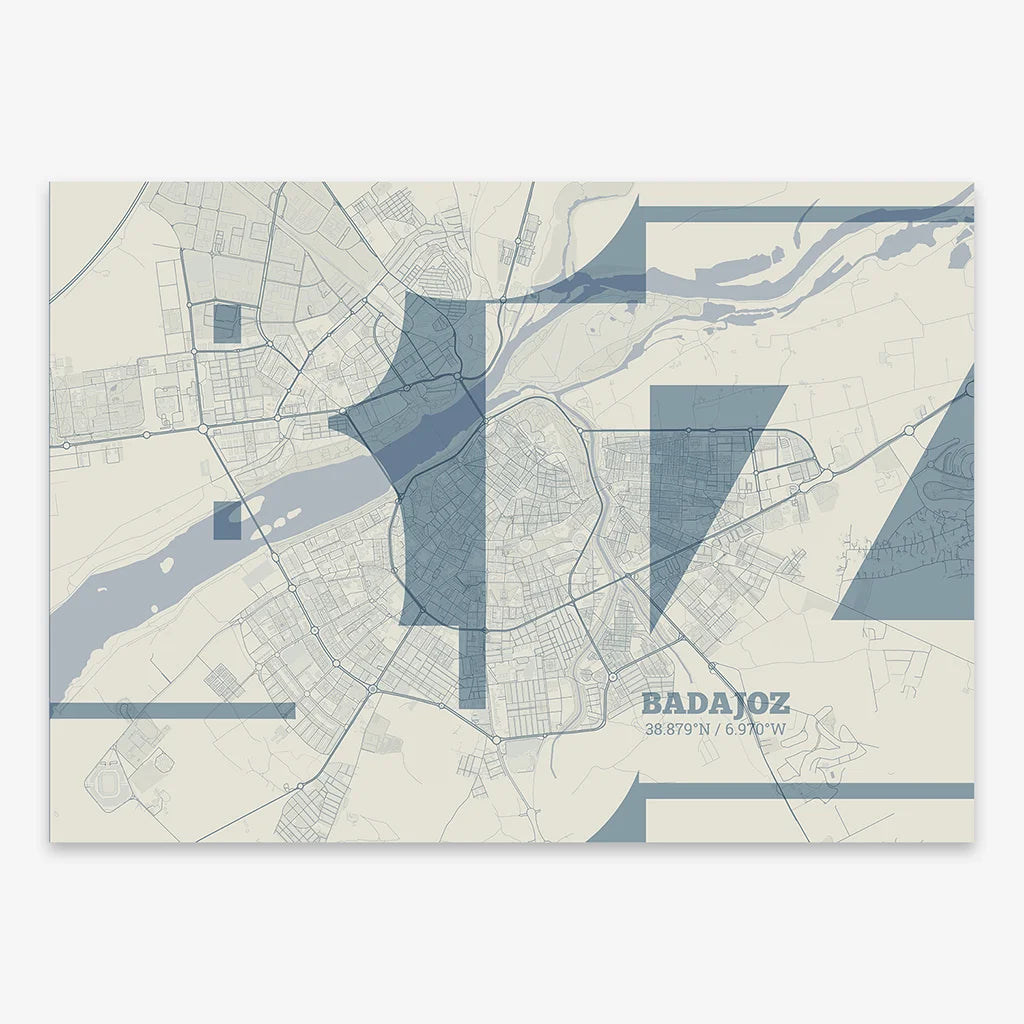 Poster of  composed with letters from its abbreviation or its airport IATA code printed on bluish gray and an off-white background