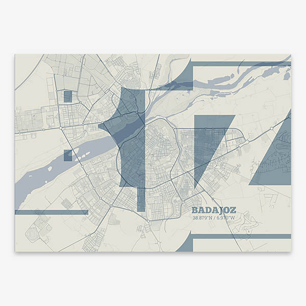 Poster of  composed with letters from its abbreviation or its airport IATA code printed on bluish gray and an off-white background