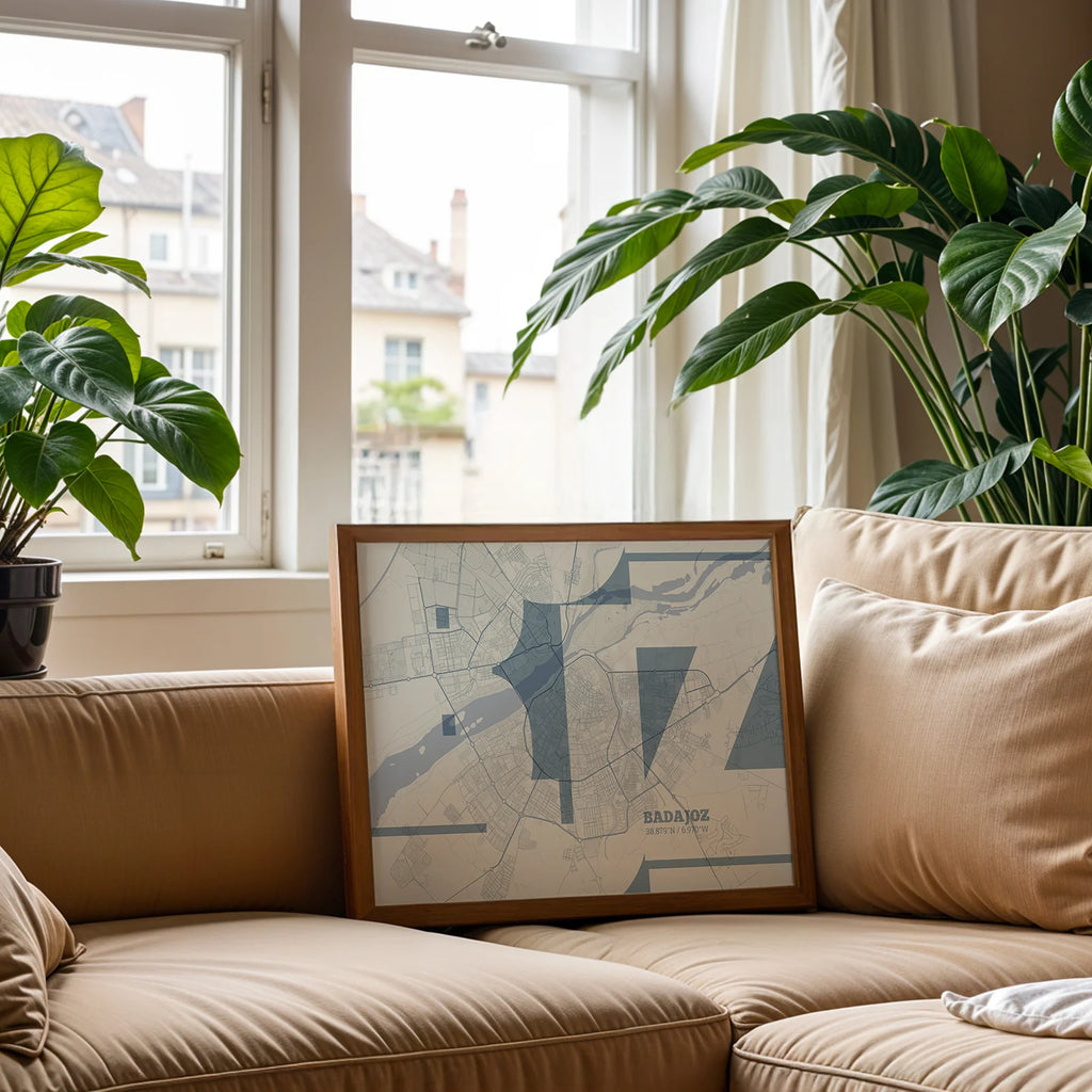 Modern interior design with a Badajoz in Inseparable design, featuring the city's abbreviation in expressive typography over a detailed urban map designed in bluish gray and an off-white background, displayed on a living room wall