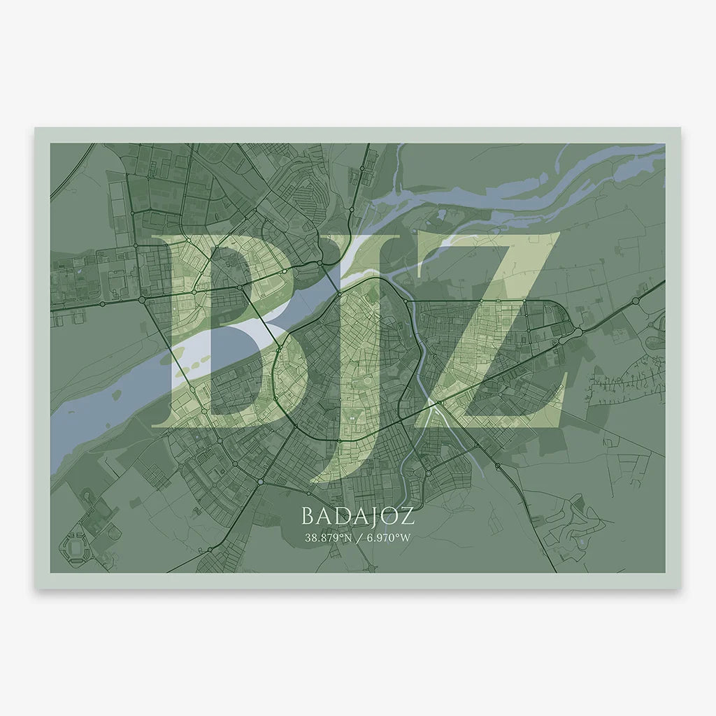 Decorative map of  composed with letters in serif font printed on two green tones
